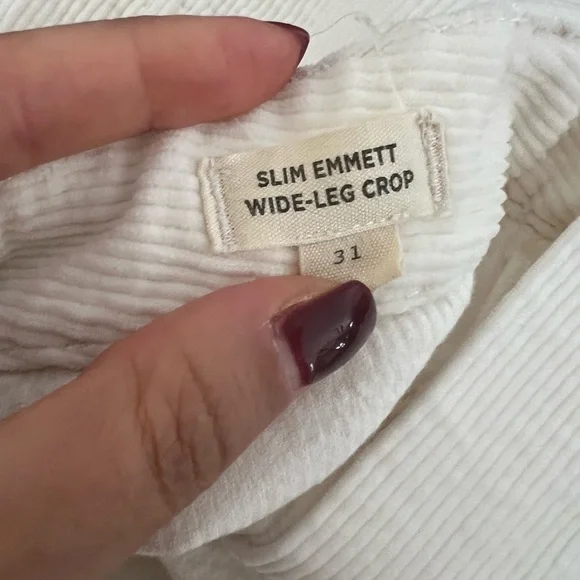 MADEWELL Ermett Crop Corduroy White High Waist White Pants Sz 31